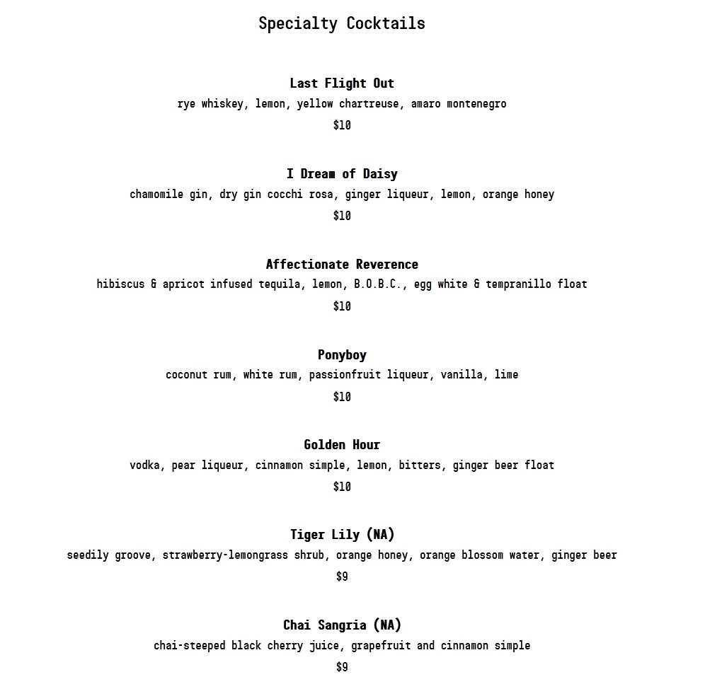 Black Rabbit Drink Menu