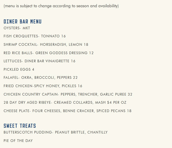 Dinner Bar Menu